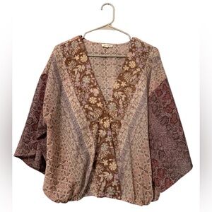 MYSTREE Sheer Patchwork Kimono Top | Boho Floral | Size L